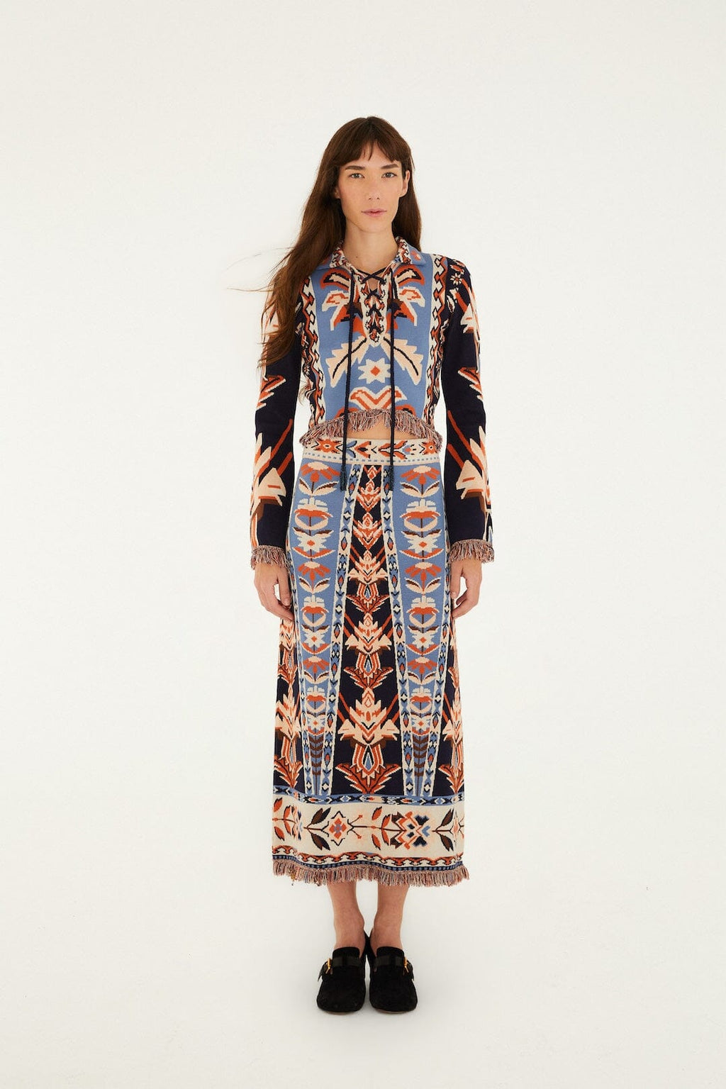 Multicolor Tapestry Fringes Knit Top