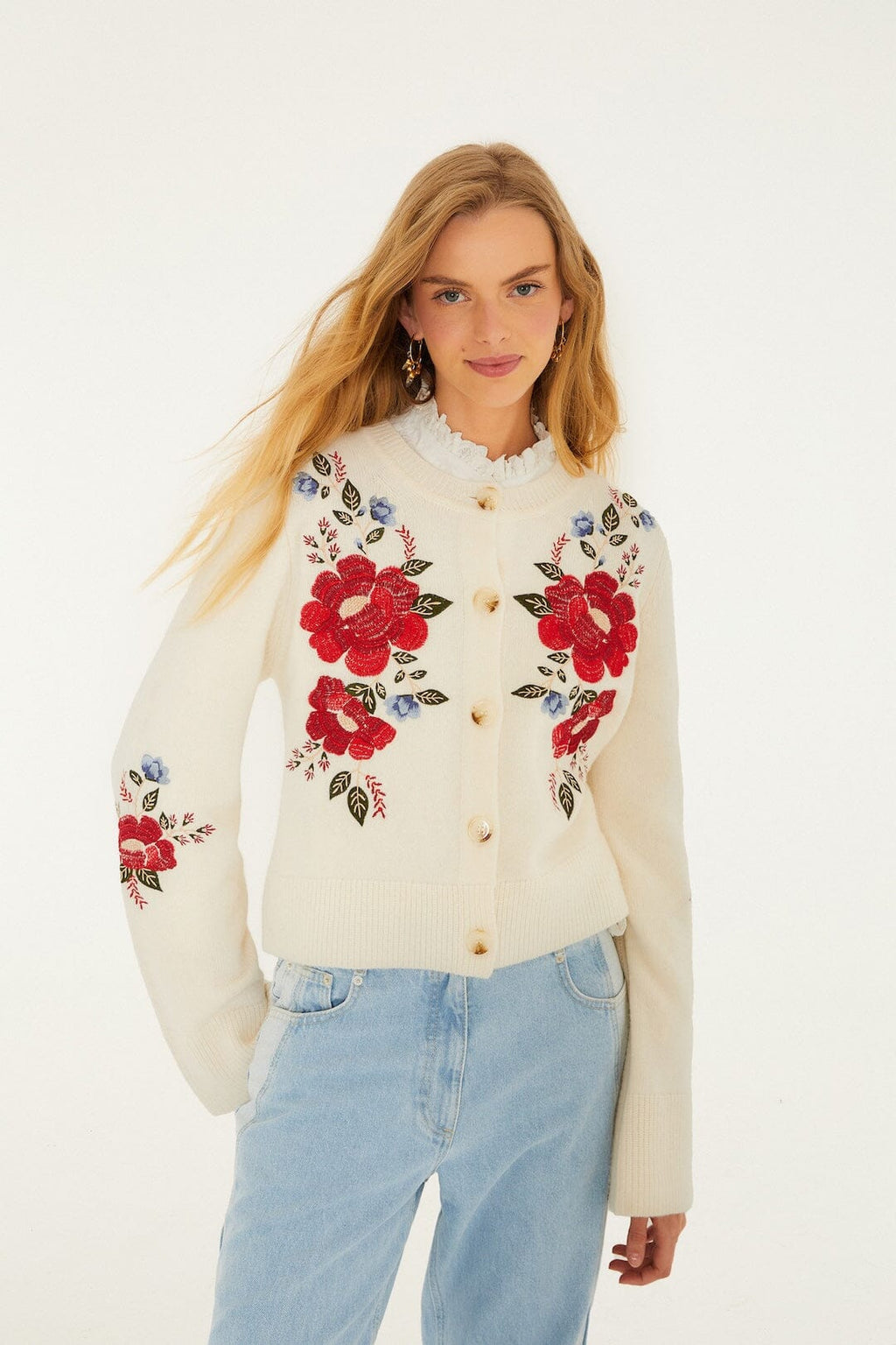 Cream Embroidered Flowers Buttoned Knit Cardigan