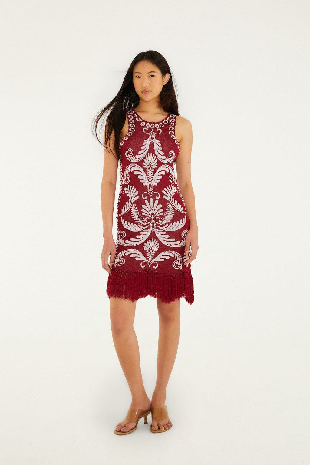 Burgundy Garden Tapestry Fringe Knit Dress