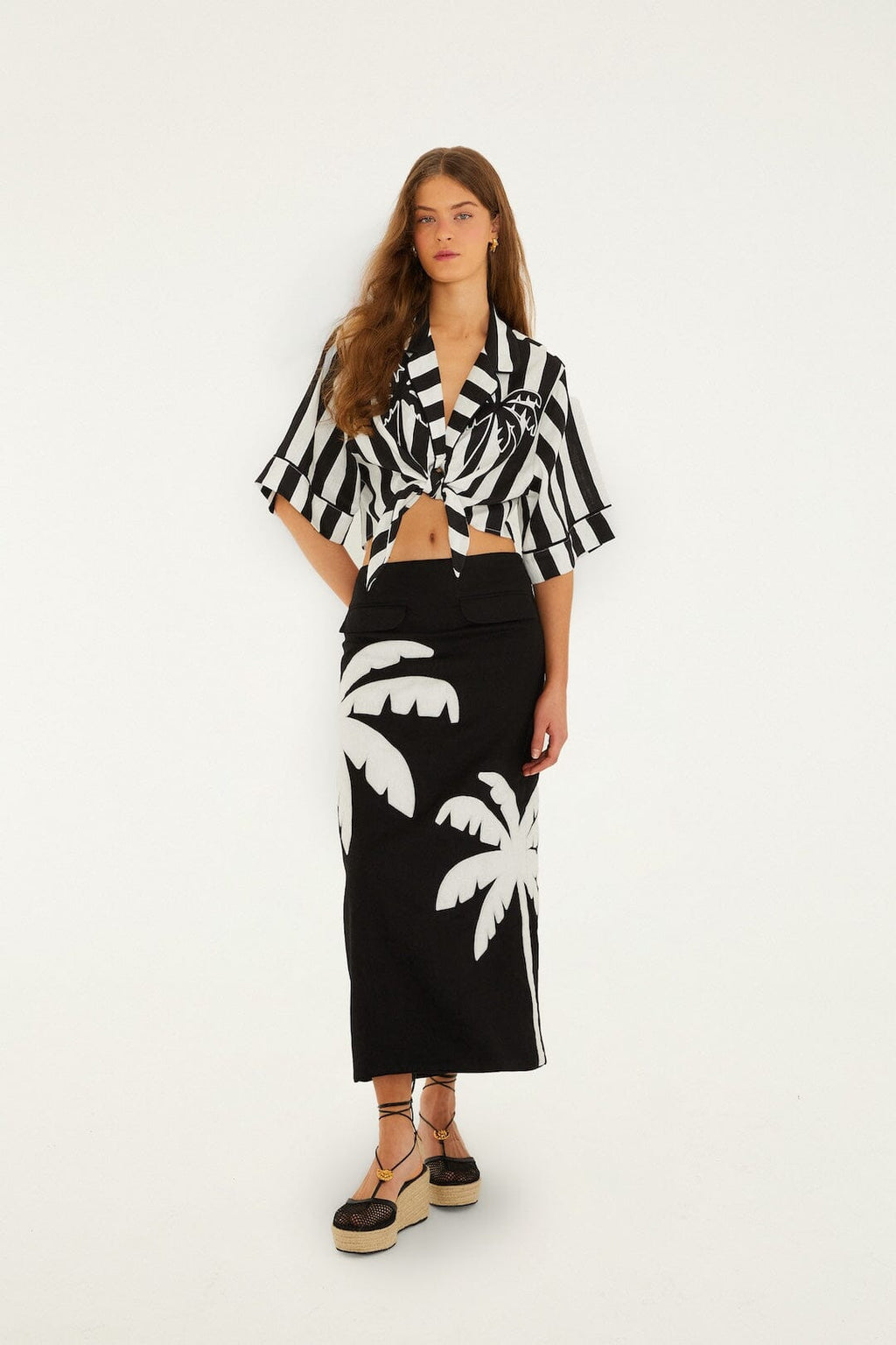 Black Embroidered Palm Tree Euroflax™ Premium Linen Maxi Skirt